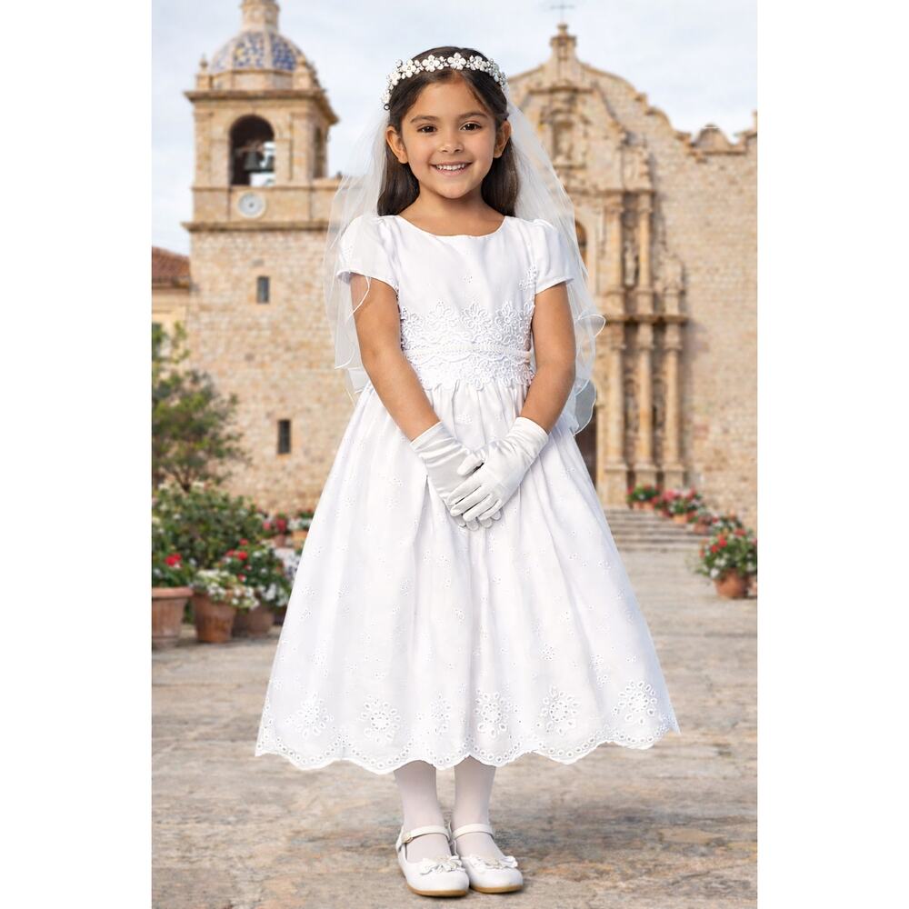NEW Girls First Holy Communion Dress Size 7 - Cotton Eyelet Tea-Length Dress